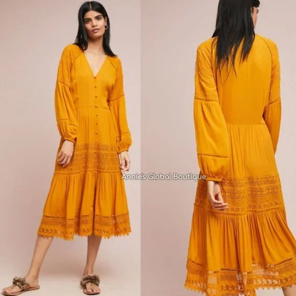 RARE NWT ANTHROPOLOGIE Golden Peasant Embroidered Maxi Dress. Size 4 - Picture 11 of 16